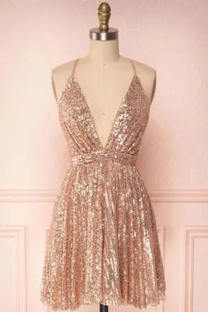 Sparkle Deep V-Neck Criss-Cross Sequined Homecoming Dress OHM046