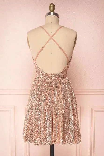 Sparkle Deep V-Neck Criss-Cross Sequined Homecoming Dress OHM046