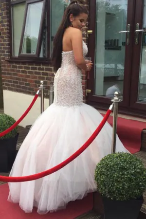 Sparkle Halter Backless Floor-Length Pearl Pink Prom Dress with Pearls LPD055