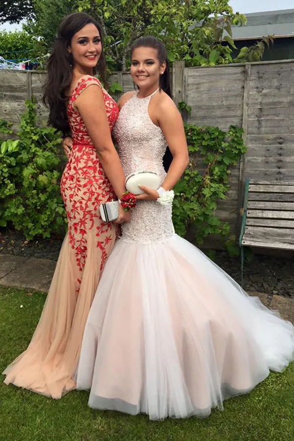 Sparkle Halter Backless Floor-Length Pearl Pink Prom Dress with Pearls LPD055