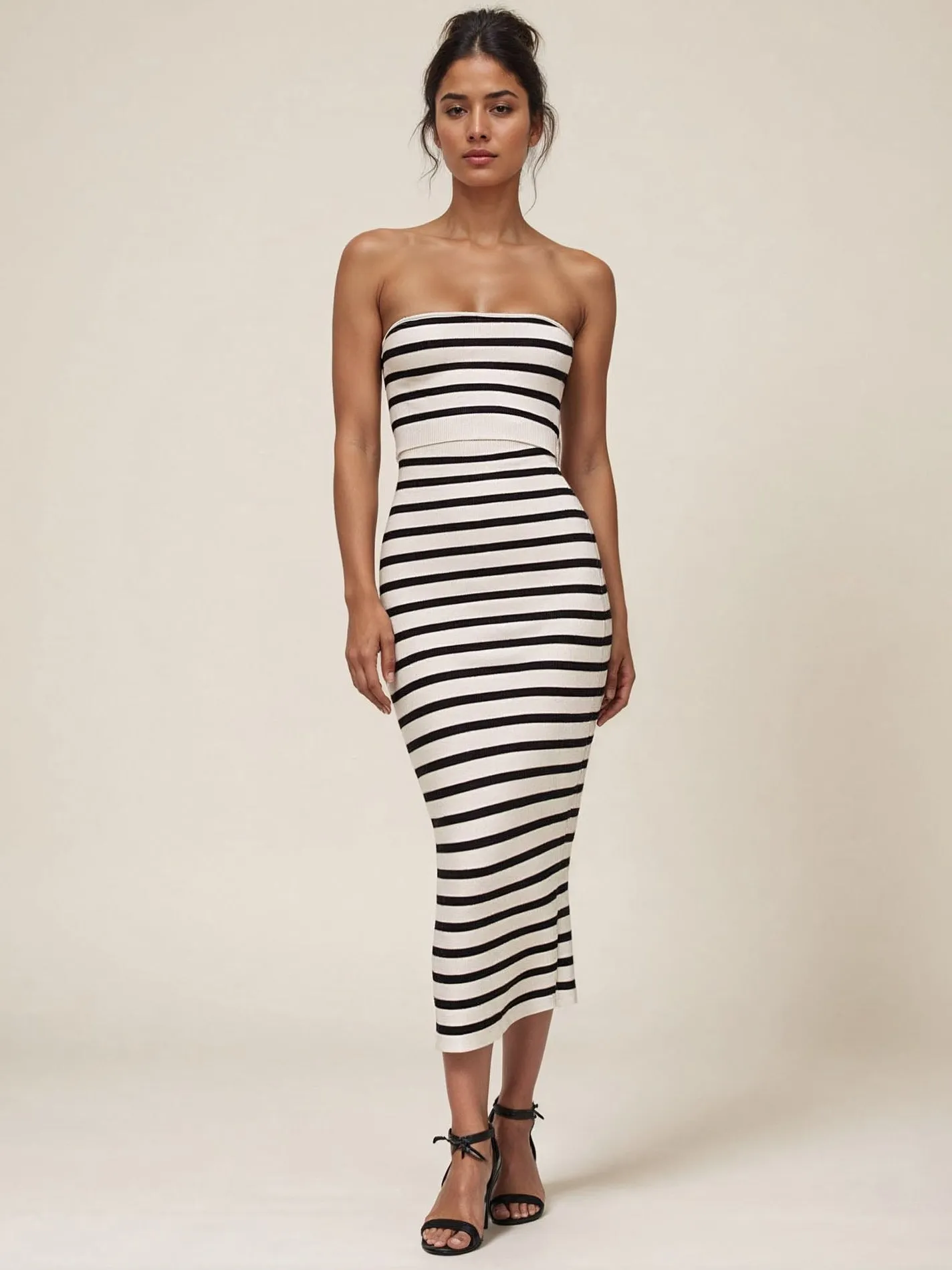 Strapless Stripe Bodycon Midi Sweater Dress