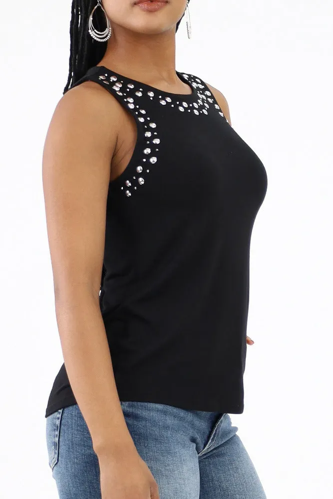 Stylish Studs Embellished Tank Top -Black
