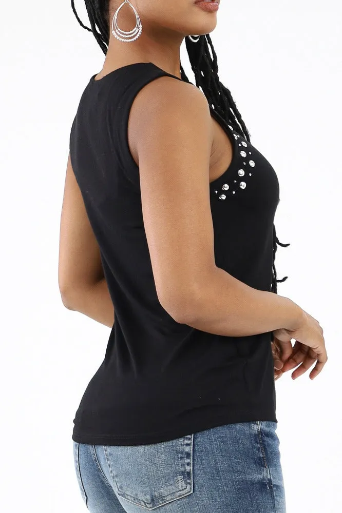 Stylish Studs Embellished Tank Top -Black