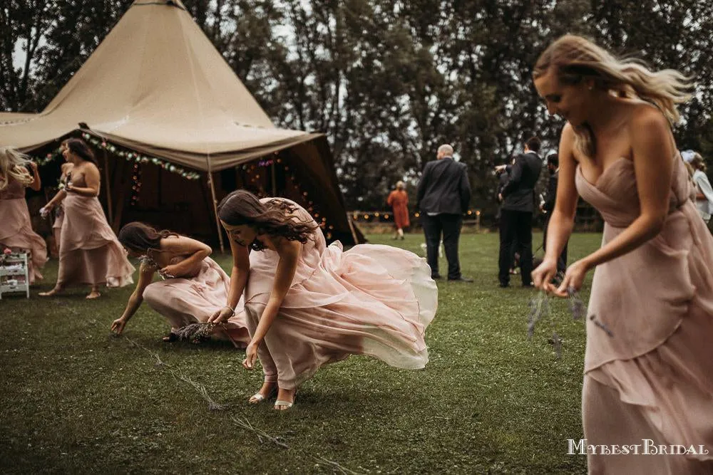 Sweetheart Sleeveless Charming A-line Pink Chiffon Floor-Length Long Cheap Bridesmaid Dresses, TYP0110