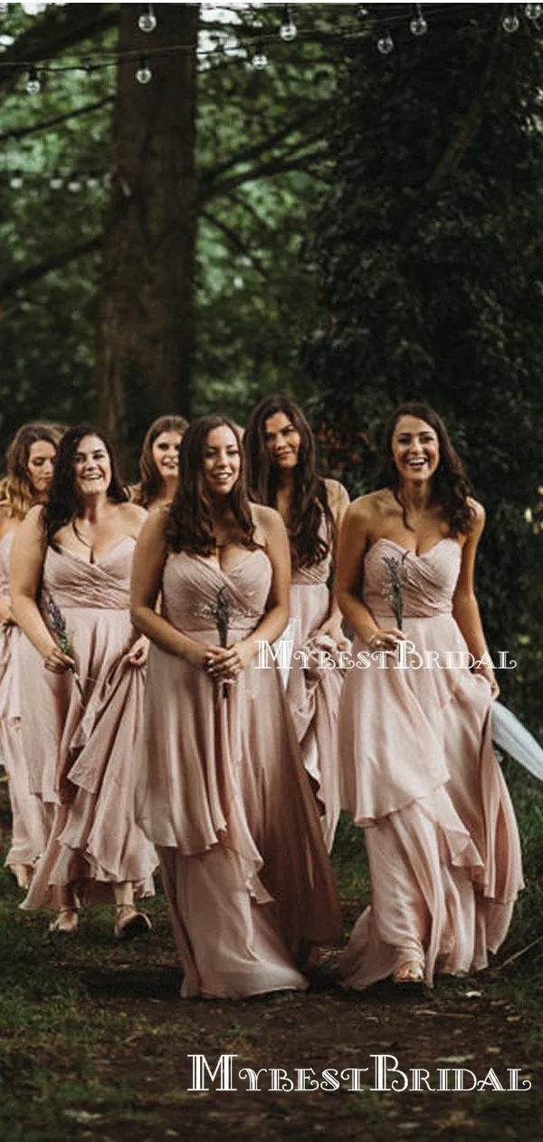 Sweetheart Sleeveless Charming A-line Pink Chiffon Floor-Length Long Cheap Bridesmaid Dresses, TYP0110