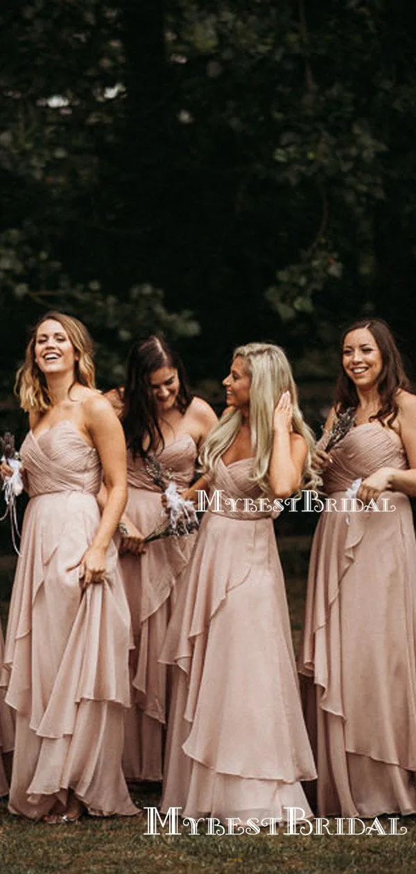 Sweetheart Sleeveless Charming A-line Pink Chiffon Floor-Length Long Cheap Bridesmaid Dresses, TYP0110