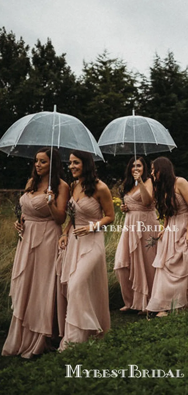 Sweetheart Sleeveless Charming A-line Pink Chiffon Floor-Length Long Cheap Bridesmaid Dresses, TYP0110