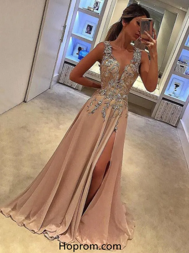 Tank Straps Slit Applique Prom Gown Dresses