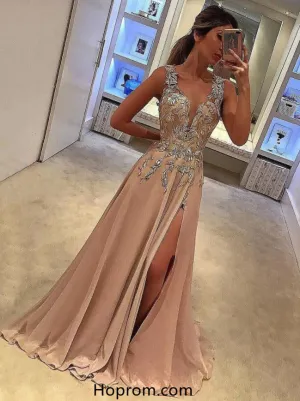 Tank Straps Slit Applique Prom Gown Dresses