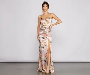 Taylor Satin Stylish Floral High-Slit Dress
