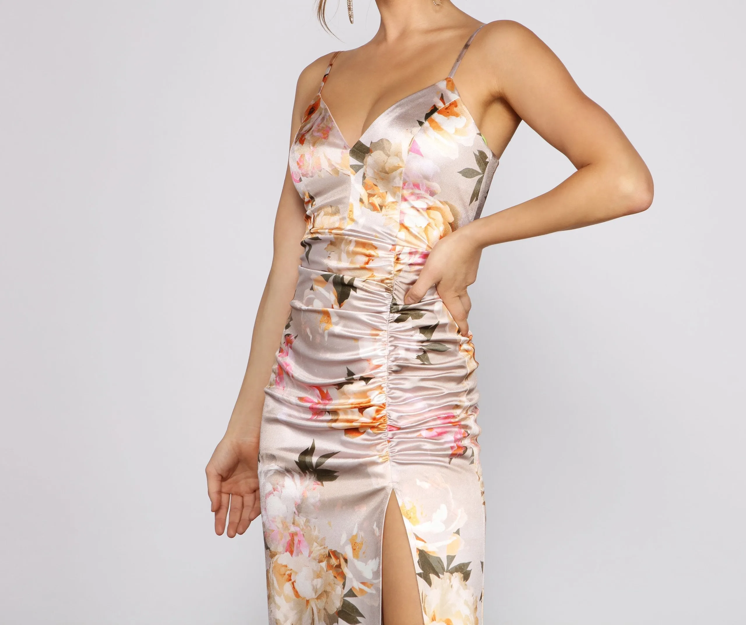 Taylor Satin Stylish Floral High-Slit Dress