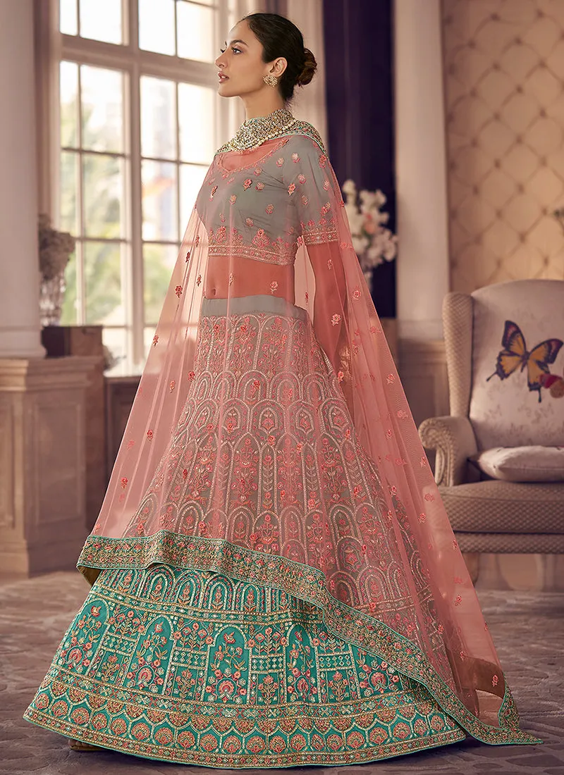 Teal Blue Multi Embroidery Wedding Lehenga Choli