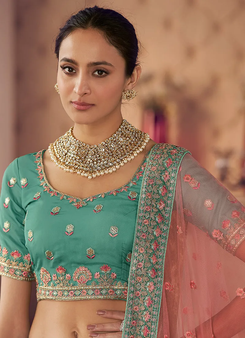 Teal Blue Multi Embroidery Wedding Lehenga Choli