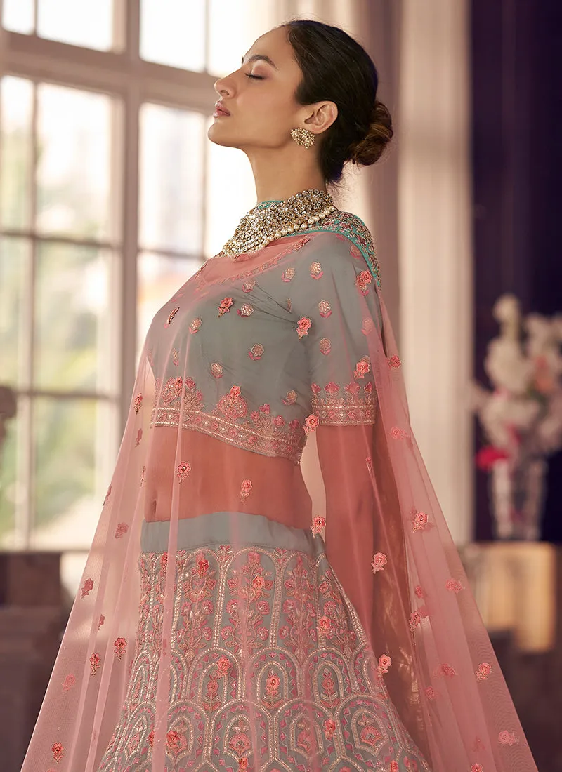 Teal Blue Multi Embroidery Wedding Lehenga Choli