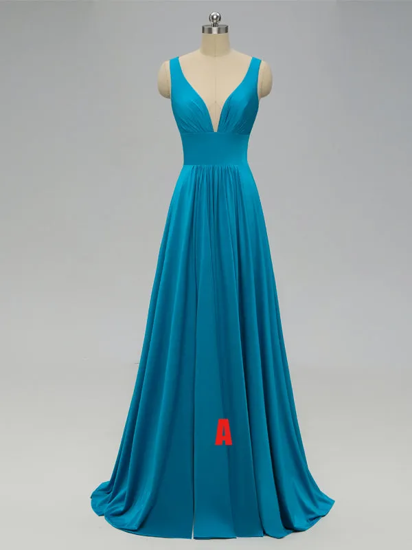Teal V Neck Side-Slit Cheap Long Bridesmaid Dresses Online, WGY0320