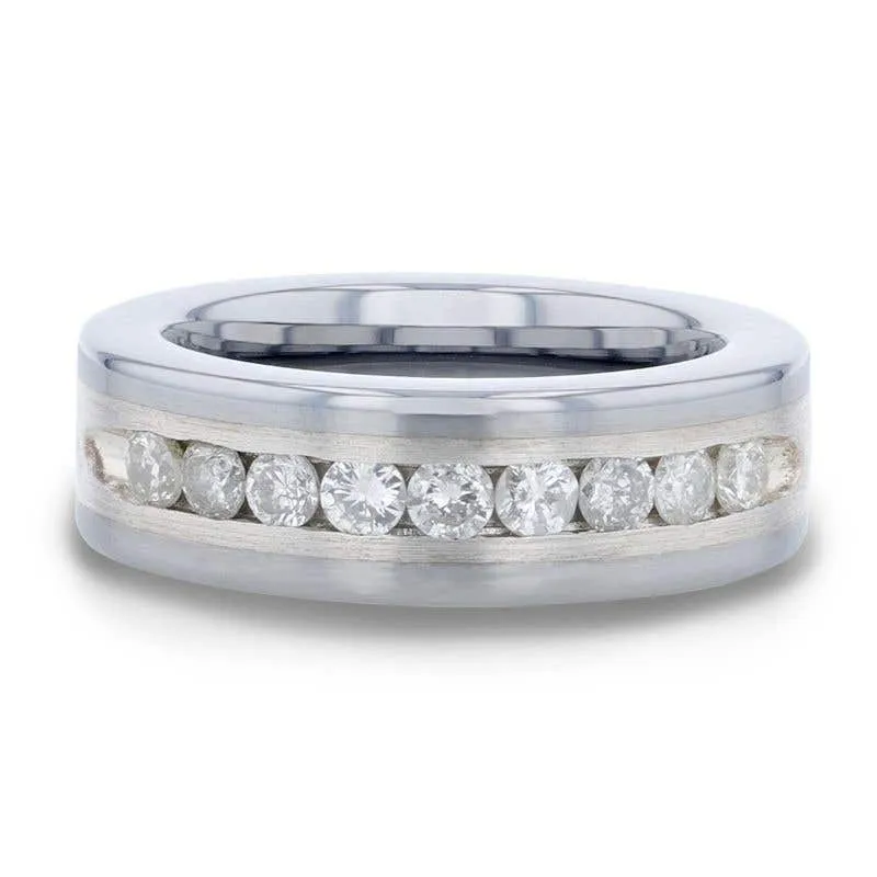 Thorsten HOLDEN Flat Tungsten Carbide ring with Satin Finished Silver Inlay and 0.9 ctw Channel Set Diamonds by Thorsten - 8mm