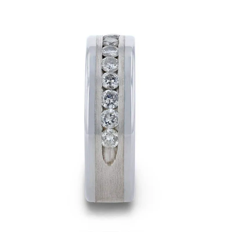 Thorsten HOLDEN Flat Tungsten Carbide ring with Satin Finished Silver Inlay and 0.9 ctw Channel Set Diamonds by Thorsten - 8mm