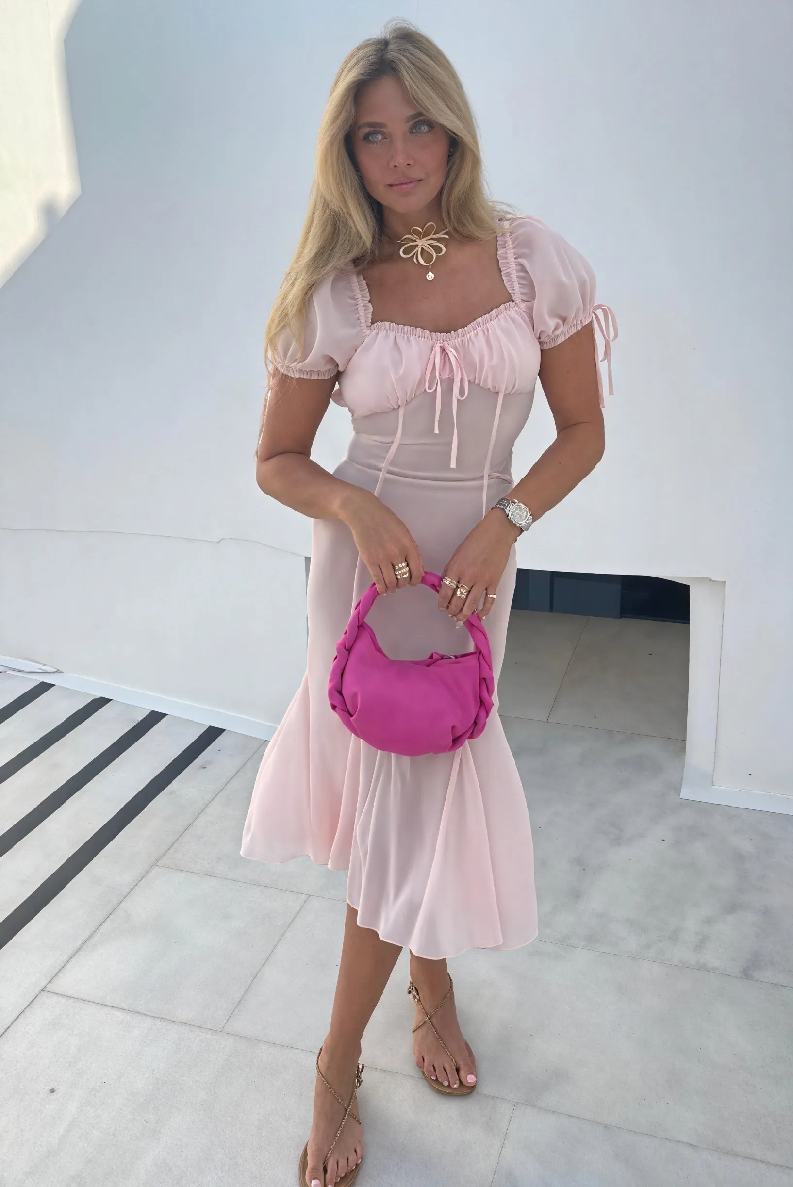 Tie-Detail Midi Dress with Mermaid Silhouette