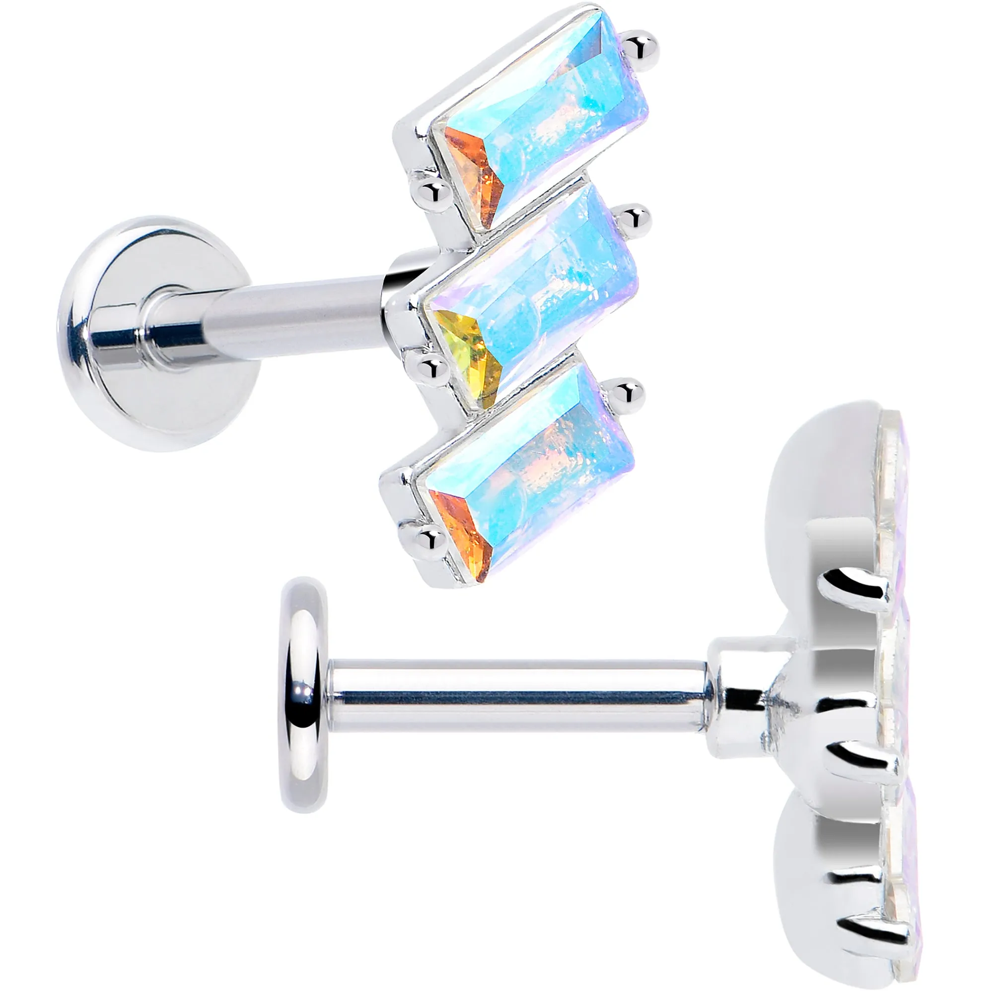Titanium Flat Back Earring Set - Staggered Aurora CZ 16 Gauge