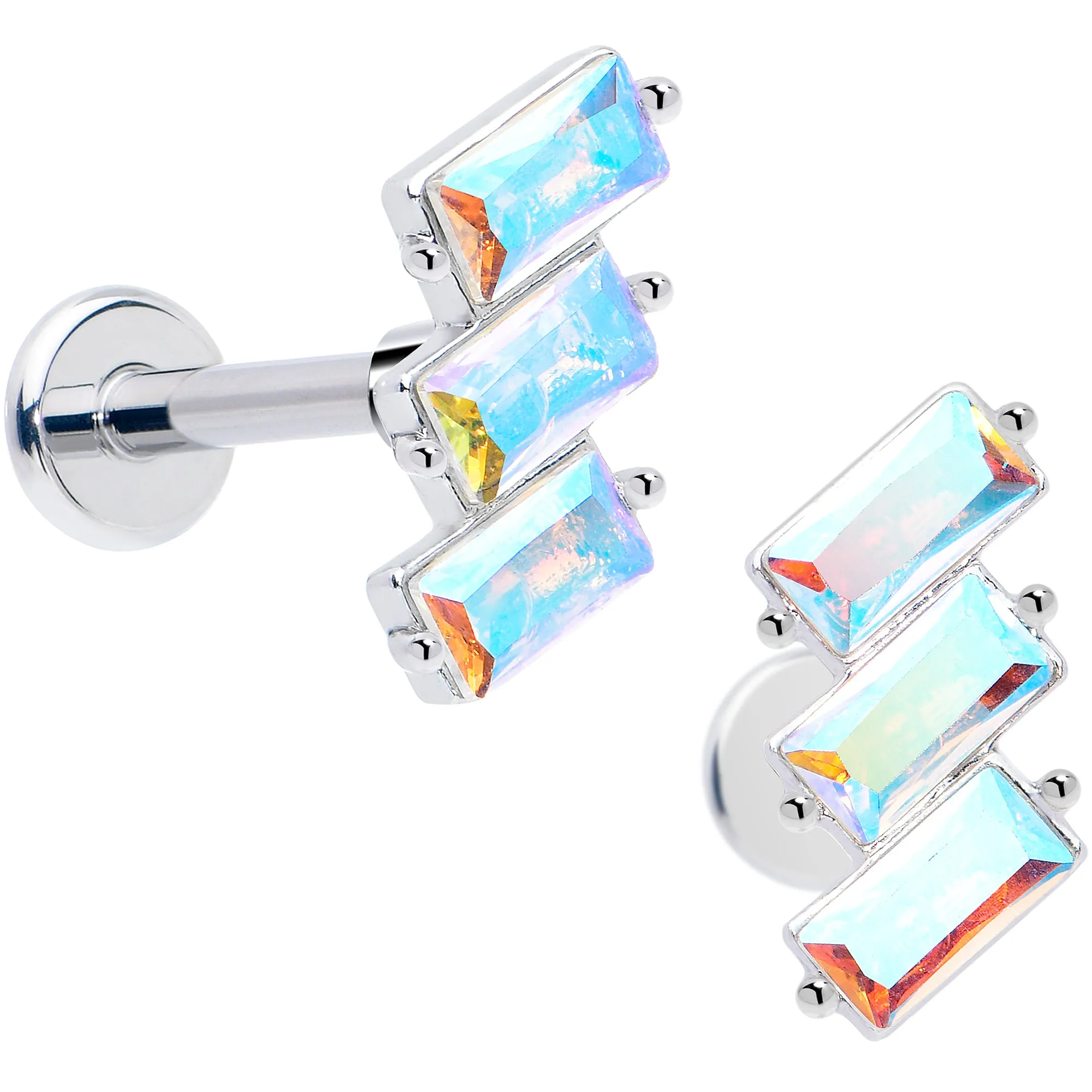 Titanium Flat Back Earring Set - Staggered Aurora CZ 16 Gauge