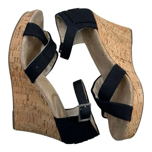 Toms Sierra Women's Canvas Open Toe Criss Cross Cork Wedge Heels Black Size 8.5