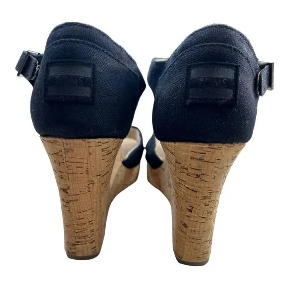 Toms Sierra Women's Canvas Open Toe Criss Cross Cork Wedge Heels Black Size 8.5