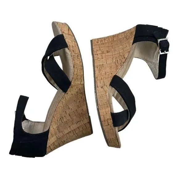 Toms Sierra Women's Canvas Open Toe Criss Cross Cork Wedge Heels Black Size 8.5