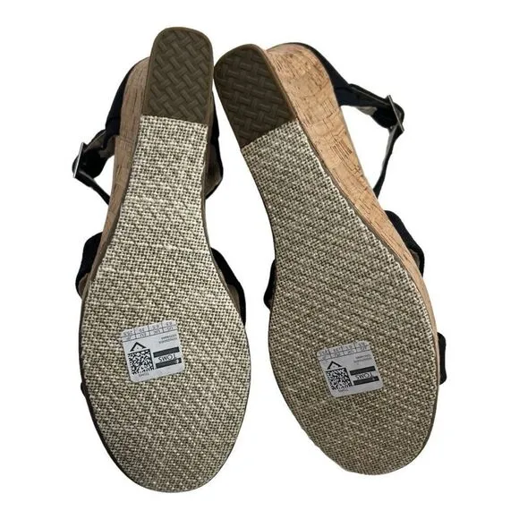 Toms Sierra Women's Canvas Open Toe Criss Cross Cork Wedge Heels Black Size 8.5