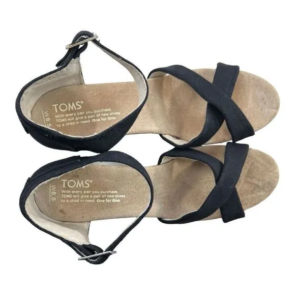Toms Sierra Women's Canvas Open Toe Criss Cross Cork Wedge Heels Black Size 8.5