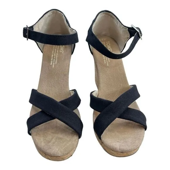 Toms Sierra Women's Canvas Open Toe Criss Cross Cork Wedge Heels Black Size 8.5