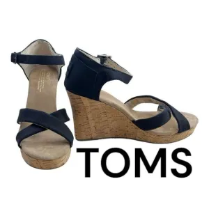 Toms Sierra Women's Canvas Open Toe Criss Cross Cork Wedge Heels Black Size 8.5