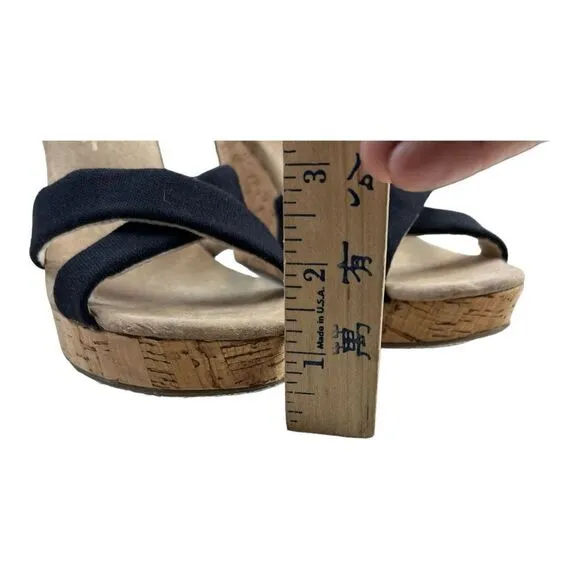 Toms Sierra Women's Canvas Open Toe Criss Cross Cork Wedge Heels Black Size 8.5
