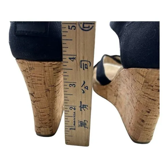 Toms Sierra Women's Canvas Open Toe Criss Cross Cork Wedge Heels Black Size 8.5