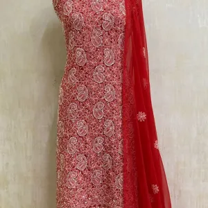 Trending Red Georgette Chikankari Salwar Suit Set unstitched online