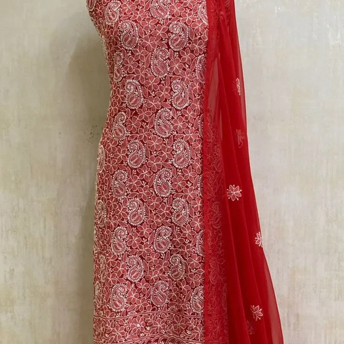 Trending Red Georgette Chikankari Salwar Suit Set unstitched online
