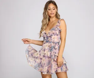 Tropical Ruffled Stylish Chiffon Skater Dress