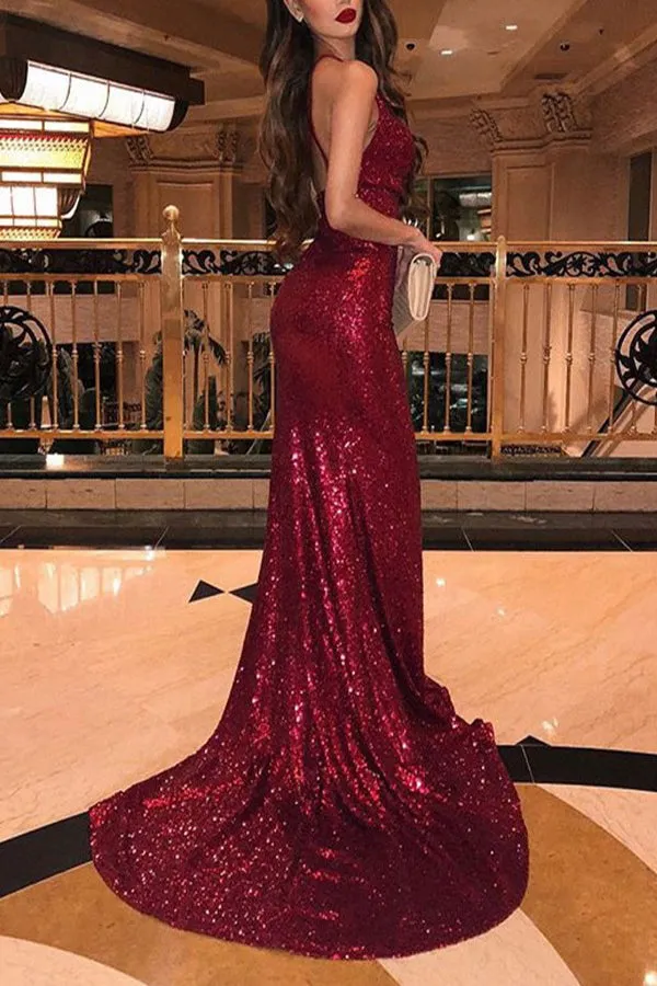 Trumpet/Mermaid Sleeveless V-neck Sweep Train  Ruffles Sequins Prom Dresses LPD018