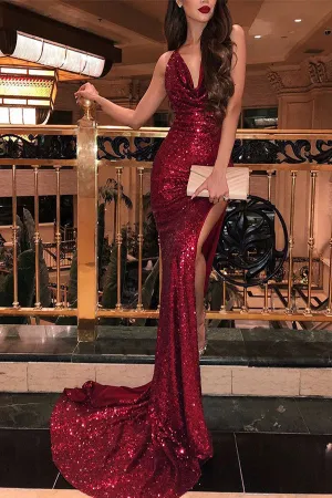 Trumpet/Mermaid Sleeveless V-neck Sweep Train  Ruffles Sequins Prom Dresses LPD018