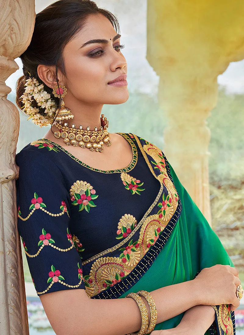 Turquoise And Blue Multi Embroidered Saree