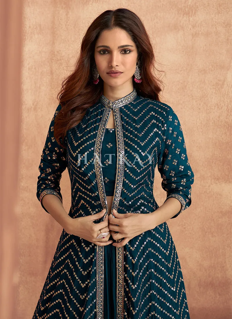 Turquoise Blue Sequence Embroidered Lehenga Choli And Jacket