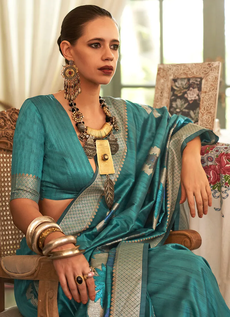 Turquoise Golden Brocade Weaved Handloom Silk Saree