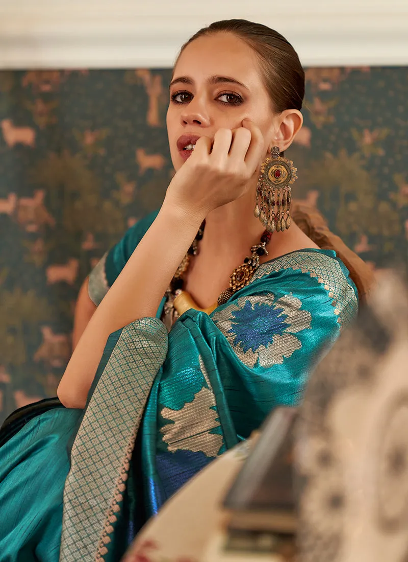 Turquoise Golden Brocade Weaved Handloom Silk Saree