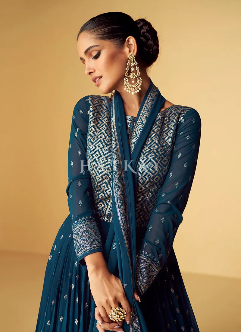 Turquoise Zari Embroidery Traditional Festive Anarkali Suit