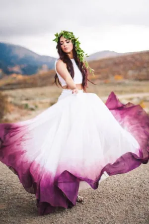 Two Piece Bateau Sweep Train Fuchsia Dyed Chiffon Wedding Dress OHD020
