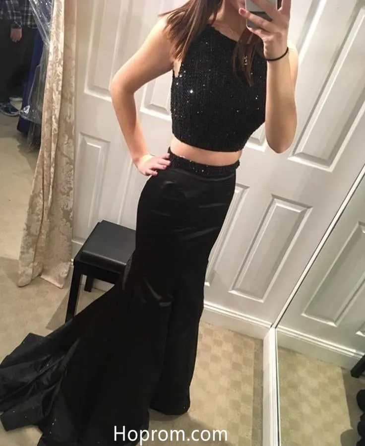 Two Piece Beading Black Prom Dresses Mearmaid Evening Dresses