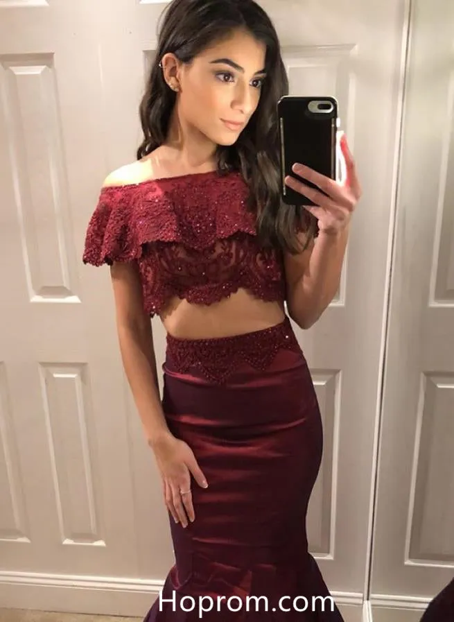 Two Piece Burgundy Red Lace Mermaid Prom Dresses Evening Dresses