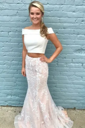 Two Piece Off-the-Shoulder Ivory Tulle Prom Dress with Appliques OHC104