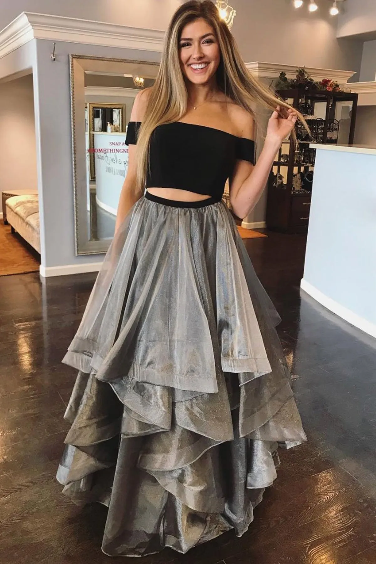 Two Pieces Off Shoulder Sleeveless Multi Layered Grey Long Tulle Prom Dress Evening Dresses OHC422
