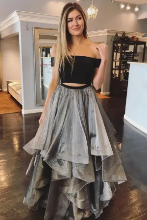 Two Pieces Off Shoulder Sleeveless Multi Layered Grey Long Tulle Prom Dress Evening Dresses OHC422