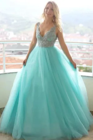 Unique A Line Lace Applique Sleeveless Backless Long Green Tulle Senior Prom Dress OHC360